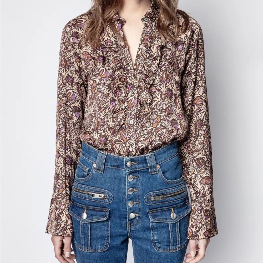 Zadig & Voltaire Tuska Satin Thorne Printed Ruffle Neckline Button Down Shirt S